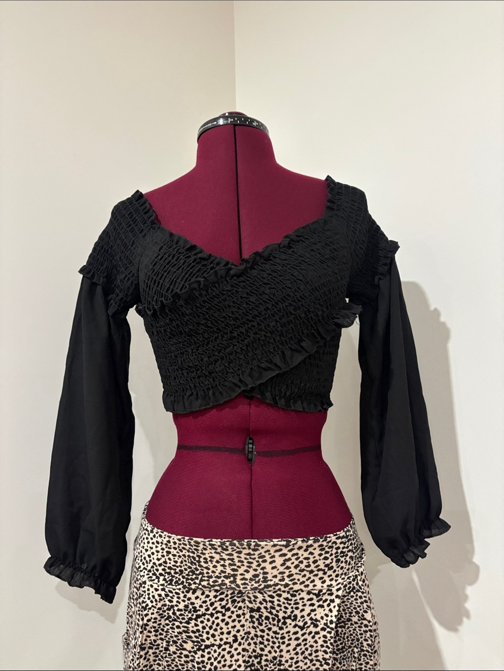 Black Smocked Wrap-Style Women's Top